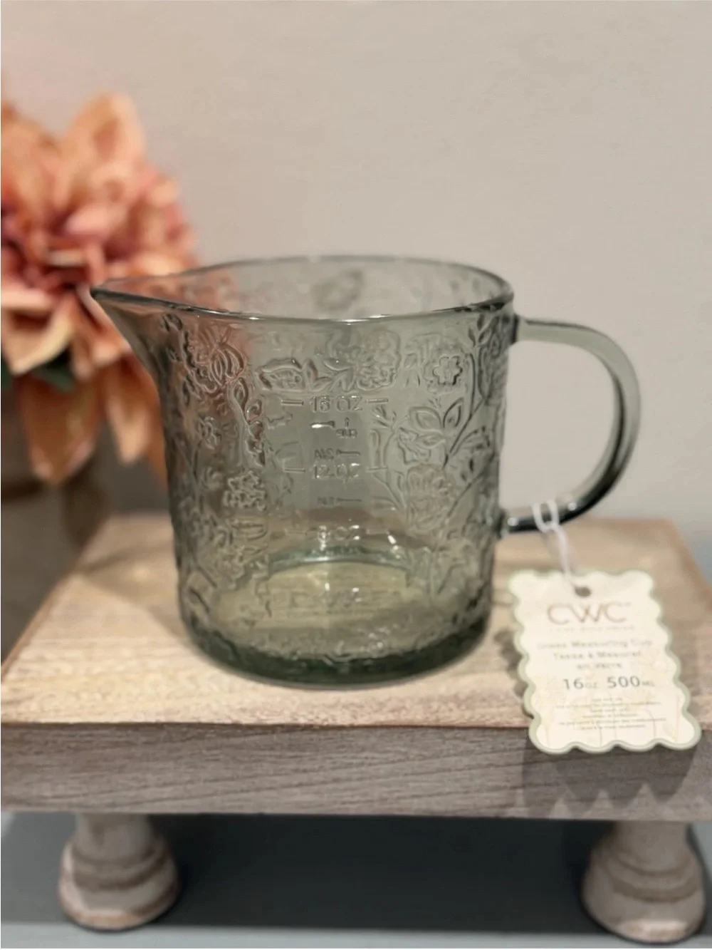 CWC Cook With Color Green Floral Glass Measuring Cup 16oz ~ 2 Cups NEW